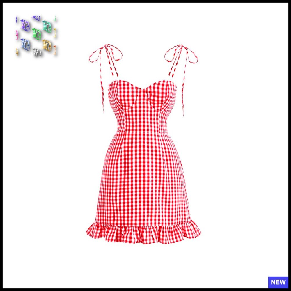 Sleeveless Gingham Cami Dress Tie Shoulder Ruffle Hem Casual Chic